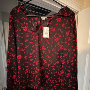 J. Crew Black Top with Red Floral Design